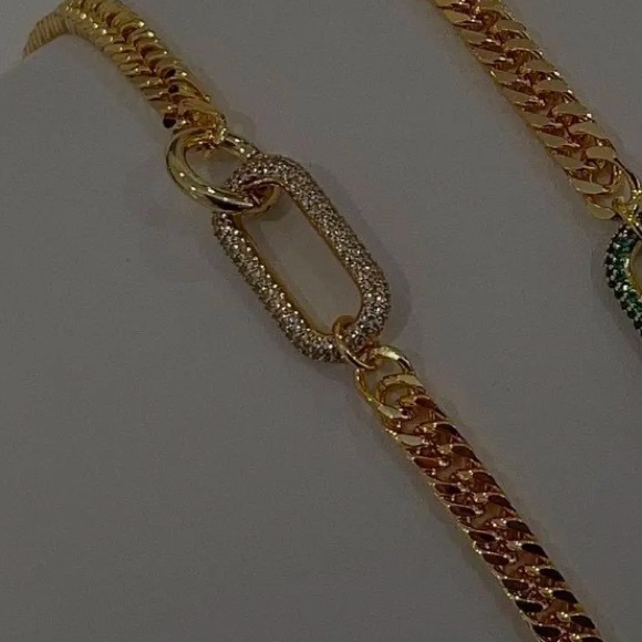 Gold Zircon Rectangular Charm Necklace Chain Link - Picture 12 of 12
